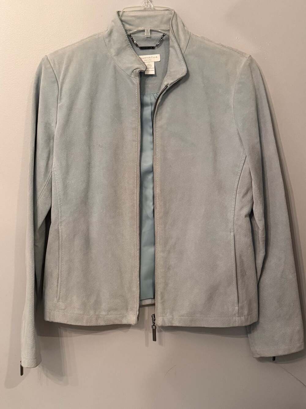 Charter Club Petite Light Blue Genuine Suede Leather Zip-Up Jacket